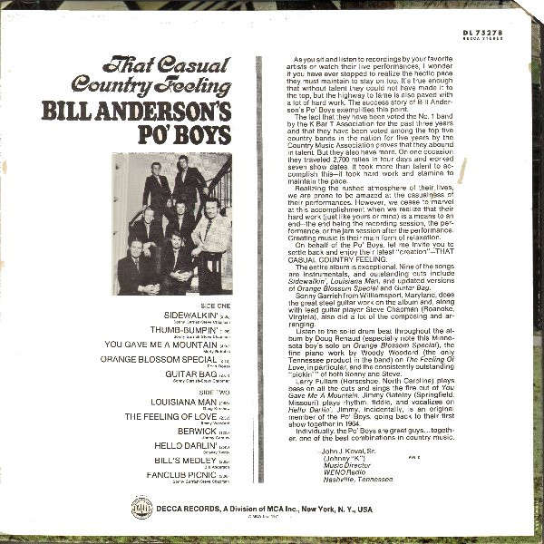 baixar álbum Bill Anderson's Po' Boys - That Casual Country Feeling