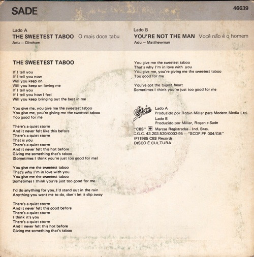 THE SWEETEST TABOO (TRADUÇÃO) - Sade 