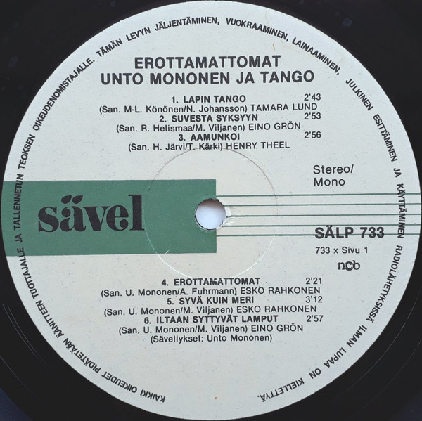 Album herunterladen Various - Erottamattomat Unto Mononen ja tango