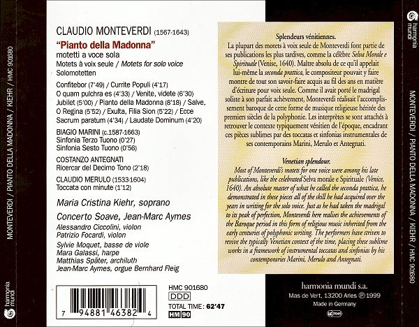 télécharger l'album Monteverdi Maria Cristina Kiehr Concerto Soave JeanMarc Aymes - Pianto Della Madonna Motetti A Voce Sola