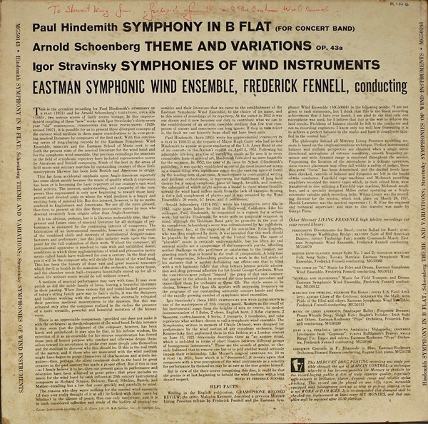 télécharger l'album Frederick Fennell, Eastman Wind Ensemble - Hindemith Symphony In B Flat Schoenberg Theme And Variations Op 43A Stravinsky Symphonies Of Wind Instruments