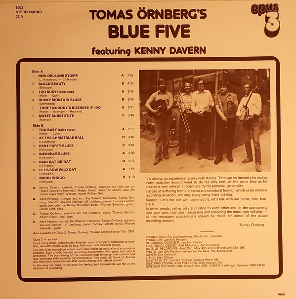 Album herunterladen Tomas Örnberg's Blue Five Feat Kenny Davern - Tomas Örnbergs Blue Five