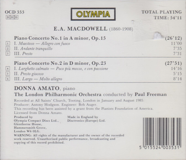 descargar álbum MacDowell Donna Amato, The London Philharmonic Orchestra, Paul Freeman - Piano Concertos 1 2