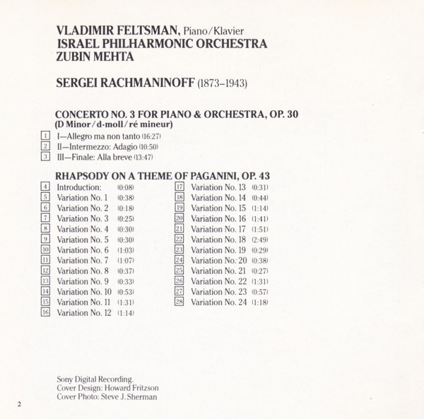 ladda ner album Rachmaninoff, Vladimir Feltsman, Zubin Mehta, Israel Philharmonic Orchestra - Piano Concerto No 3 Rhapsody On A Theme Of Paganini