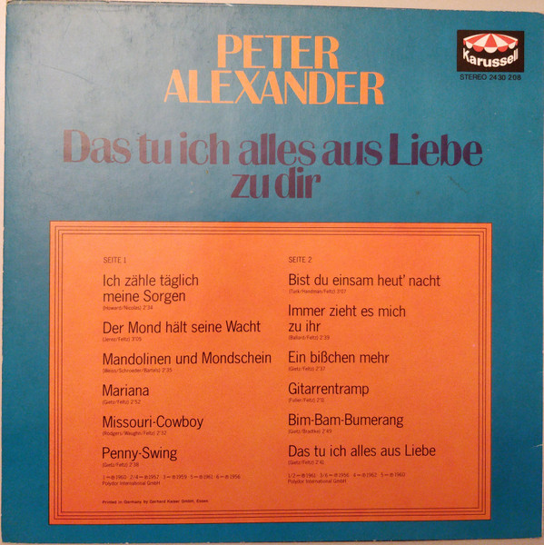 baixar álbum Peter Alexander - Das Tu Ich Alles Aus Liebe Zu Dir
