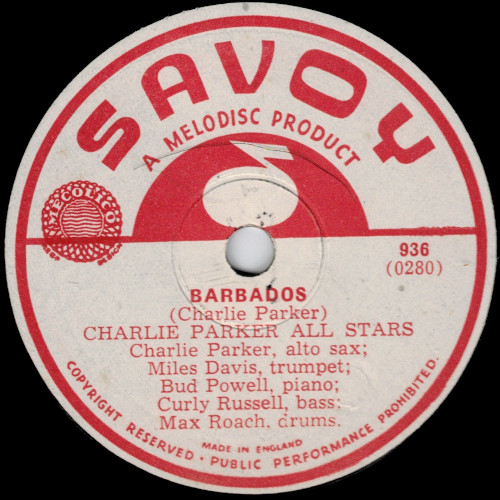 ** Charlie Parker 78rpm **Charlie Parker All Stars (Miles Davis) Barbados / Parker's Mood[ US'48 Savoy 936 ] SP盤