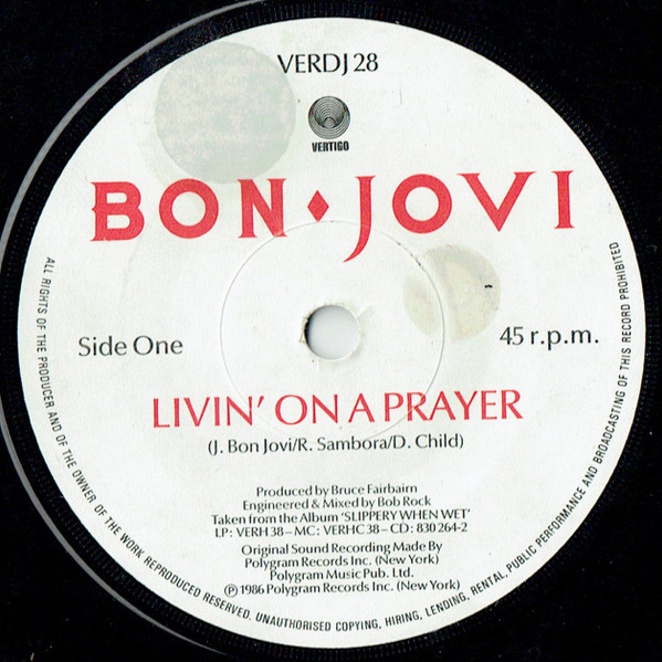 Bon Jovi – Livin' On A Prayer (1986, Vinyl) - Discogs