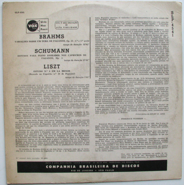 last ned album Friedrich Wührer Brahms, Schumann, Liszt - Variaçoes Sobre Um tema De Paganini Estudios Para Piano Estudo N 6 Em La menor