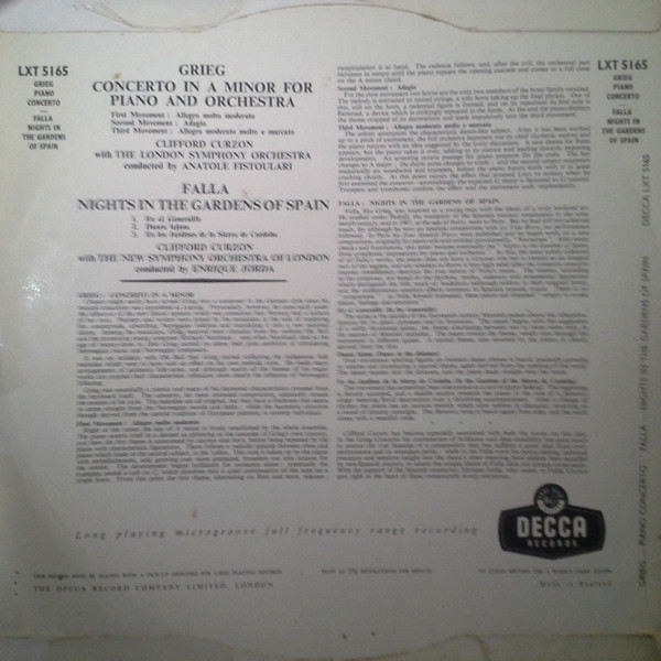 Clifford Curzon , Grieg With The London Symphony Orchestra Conducted By Anatole Fistoulari , Falla With The New Symphony Orchestra Of London Conducted By Enrique Jorda - Piano Concerto / Nights In The Gardens Of Spain | Decca (LXT 5165) - 2