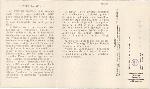 télécharger l'album Voldemar Panso - Teater ja aeg Voldemar Panso 60 1920 1980