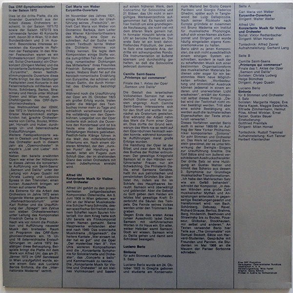 descargar álbum Das ORFSymphonieorchester Carl Maria von Weber Alfred Uhl Camille SaintSaens Luciano Berio - Das ORF Symphonieorchester 1972