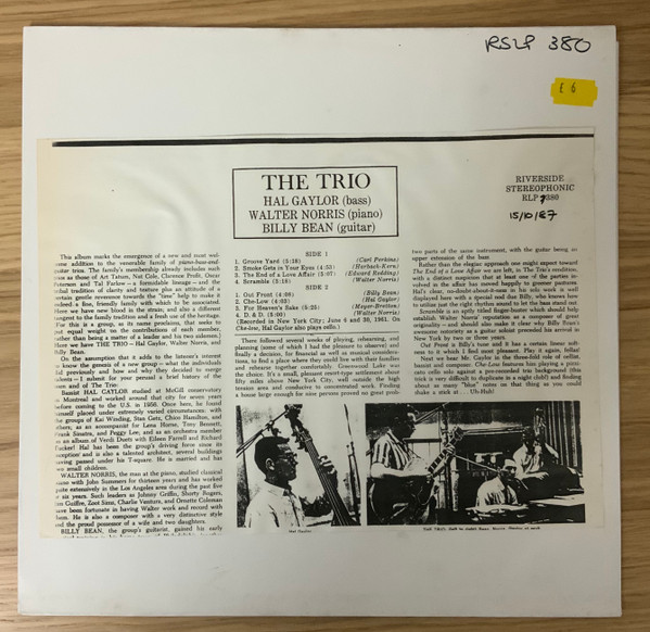 The Trio : Billy Bean, Hal Gaylor, Walter Norris – The Trio (1961