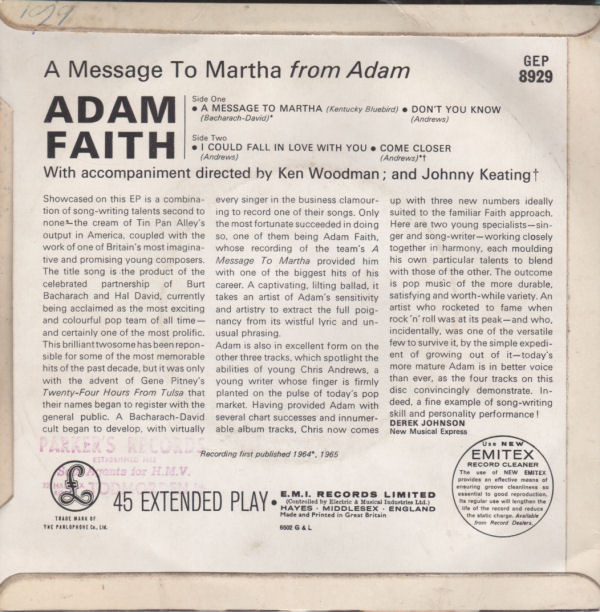 descargar álbum Adam Faith - A Message To Martha From Adam