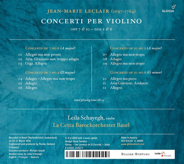 last ned album JeanMarie Leclair, Leila Schayegh, La Cetra Barockorchester Basel - Concerti Per Violino Op 7 10 Nos 2 6