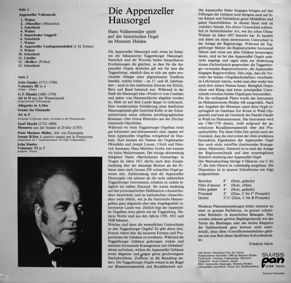 last ned album Hans Vollenweider - Die Appenzeller Hausorgel