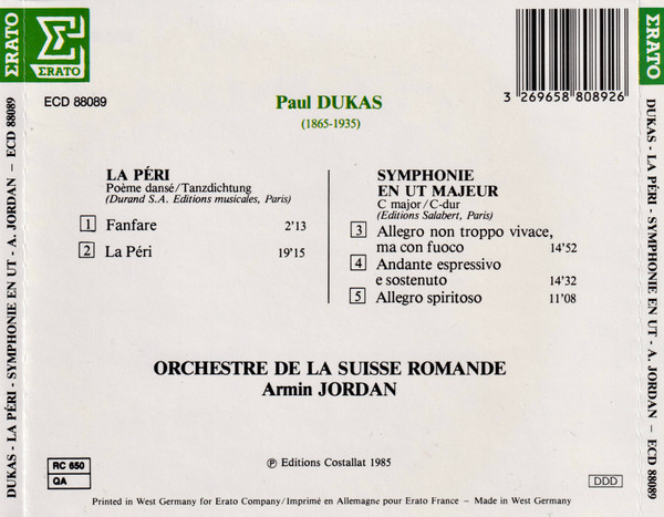 Album herunterladen Dukas Orchestre De La Suisse Romande, Armin Jordan - La Péri Symphonie En Ut Majeur