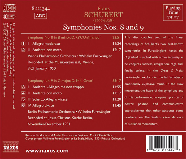 lataa albumi Schubert, Wilhelm Furtwängler, Vienna Philharmonic Orchestra, Berlin Philharmonic Orchestra - Symphonies No 8 And 9