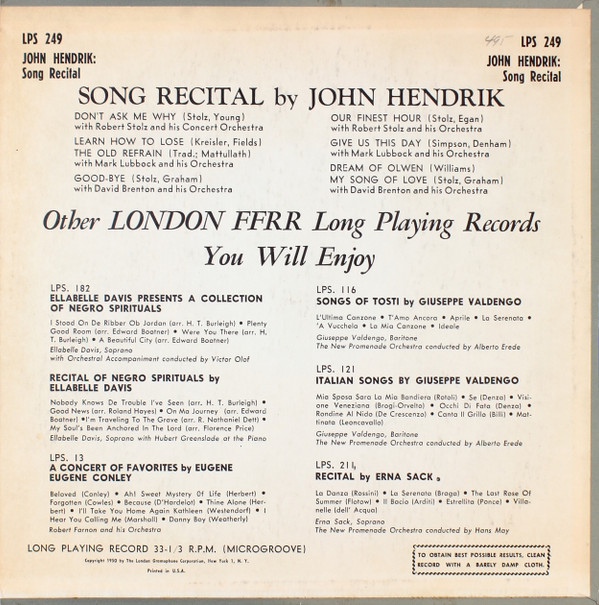 descargar álbum John Hendrik - Long Recital By John Hendrik Tenor With Orchestra