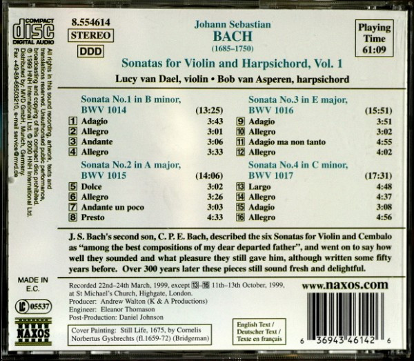 descargar álbum JS Bach Lucy van Dael Bob van Asperen - Sonatas For Violin And Harpsichord Volume 2