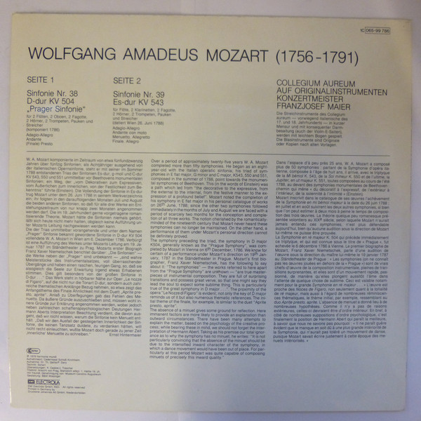 Album herunterladen Mozart, Collegium Aureum Auf Originalinstrumenten, Franzjosef Maier - Sinfonie Nr 38 D dur KV 504 Prager Sinfonie Sinfonie Nr 39 Es dur KV 543