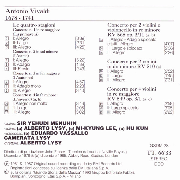 last ned album Vivaldi, Yehudi Menuhin, Camerata Lysy, Alberto Lysy - Le Quattro Stagioni