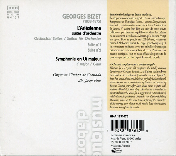 ladda ner album Georges Bizet, Orquesta Ciudad de Granada, Josep Pons - LArlésienne suites dorchestre Symphonie En Ut Majeur