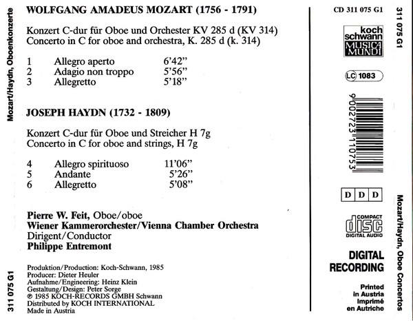 télécharger l'album Wolfgang Amadeus Mozart, Joseph Haydn, Pierre W Feit, Wiener Kammerorchester, Philippe Entremont - Oboe Concertos