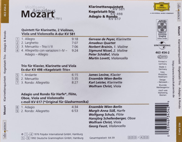 ladda ner album Wolfgang Amadeus Mozart Gervase de Peyer James Levine Ensemble WienBerlin Amadeus Quartet - Clarinet Quintet K581 Kegelstatt Trio K498 Adagio Rondo K617