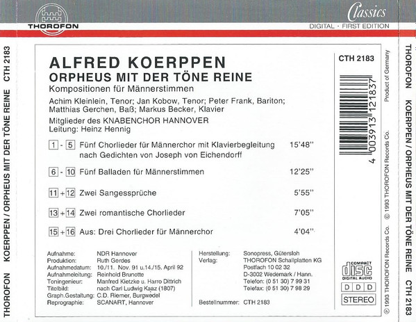 télécharger l'album Alfred Koerppen Männerstimmen Des Knabenchor Hannover Und Solisten, Heinz Hennig - Orpheus Mit Der Töne Reine