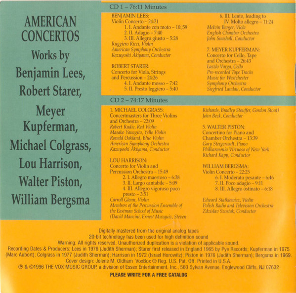 lataa albumi Benjamin Lees, Robert Starer, Meyer Kupferman, Michael Colgrass, Lou Harrison, Walter Piston, William Bergsma - American Concertos