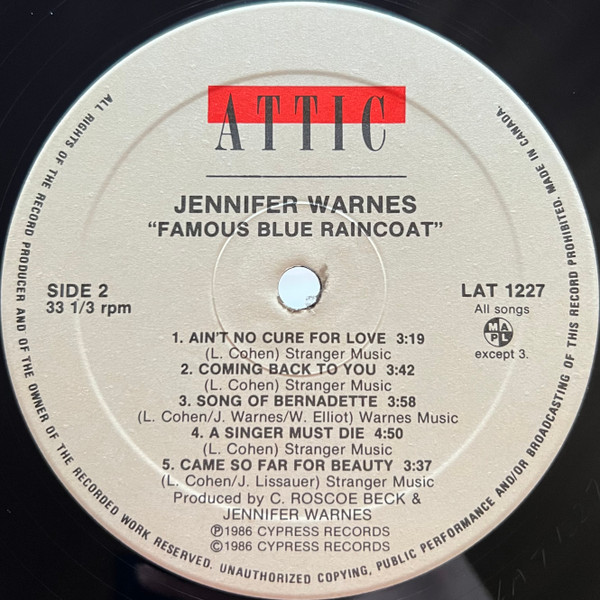 Jennifer Warnes - Famous Blue Raincoat (The Songs Of Leonard Cohen) | Attic (LAT 1227) - 4