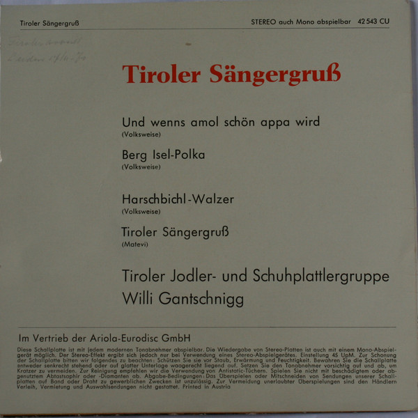 baixar álbum Jodler Und Schuhplattlergruppe Willi Gantschnigg - Tiroler Sängergruss