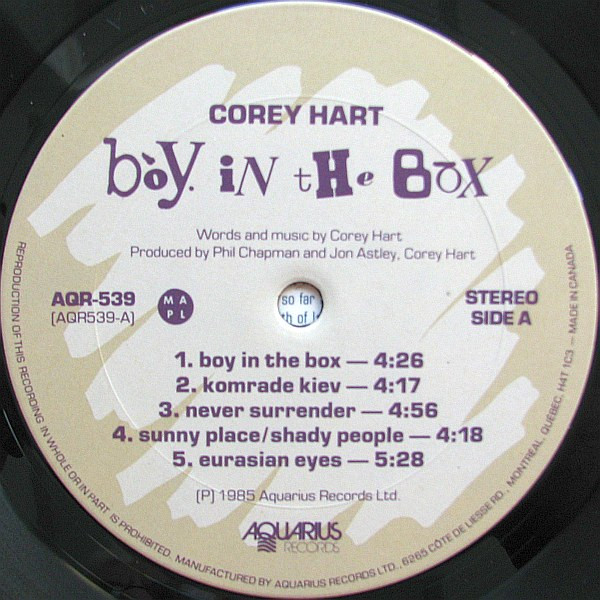 Corey Hart - Boy In The Box | Aquarius Records (AQR 539) - 3