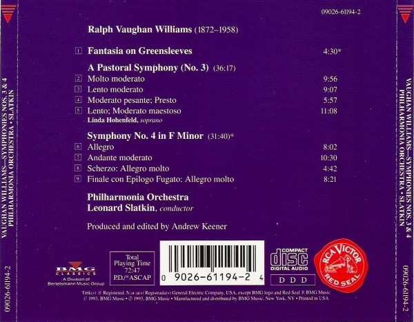 descargar álbum Vaughan Williams, Leonard Slatkin, Philharmonia Orchestra, Linda Hohenfeld - Symphonies Nos 3 4 Fantasia On Greensleeves