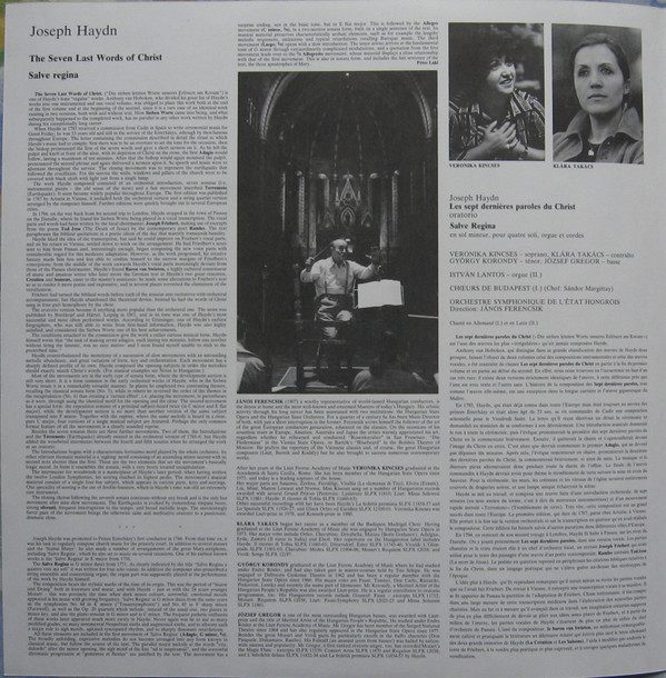 last ned album Haydn, Veronika Kincses, Klára Takács, György Korondy, József Gregor, Budapest Chorus, Hungarian State Orchestra, János Ferencsik - The Seven Last Words Of Christ Oratorio Version Salve Regina In G Minor