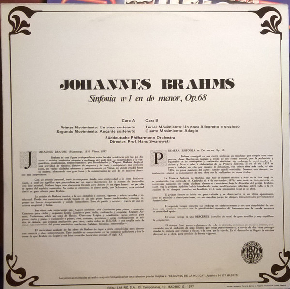 last ned album Johannes Brahms Süddeutsche Philharmonie Orchestra Dir, Prof Hans Swarowski - Sinfonia Nº 1 En Do Menor Op 68