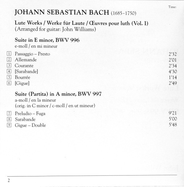 lataa albumi Bach, John Williams - Lute Suites Vol 1 BWV 995 996 997 999 1000
