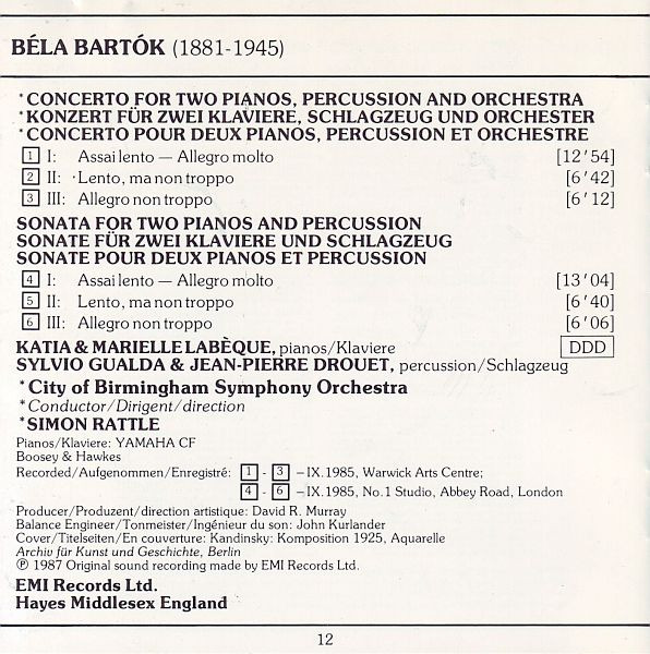 lataa albumi Bartók Katia & Marielle Labèque, Sylvio Gualda & JeanPierre Drouet City Of Birmingham Symphony Orchestra Simon Rattle - Sonata For Two Pianos And Percussion Concerto For Two Pianos Percussion And Orchestra