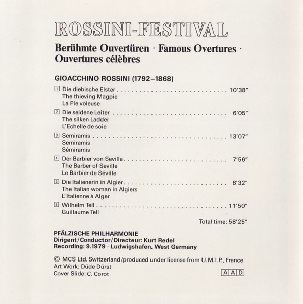 ladda ner album Rossini, Kurt Redel, Pfälzische Philharmonie - Rossini Festival Berühmte Ouvertüren Famous Overtures Ouvertures Célèbres
