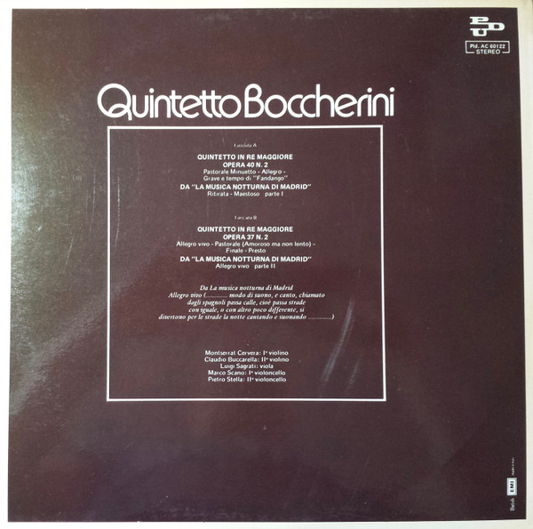 baixar álbum Luigi Boccherini, Quintetto Boccherini - Quintetto In Re Maggiore Opera 40 N2 Opera 37 N2