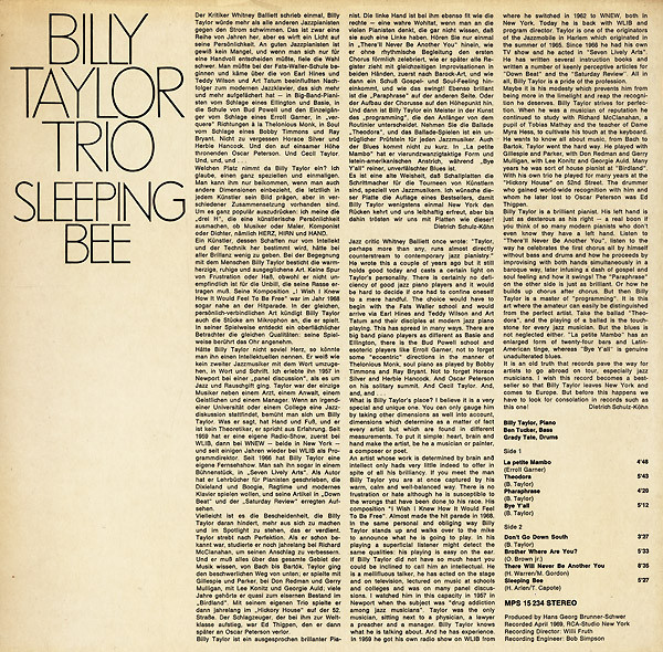 Billy Taylor Trio – Sleeping Bee (1981, Vinyl) - Discogs