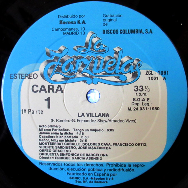 last ned album Federico Romero, Guillermo Fernández Shaw, Amadeo Vives Montserrat Caballé, Dolores Cava, Vicente Sardinero, Francisco Ortiz , Orquesta Sinfónica de Barcelona, Antonio Borras, José Manzaneda, Enrique Serra - La Villana 1ª Parte