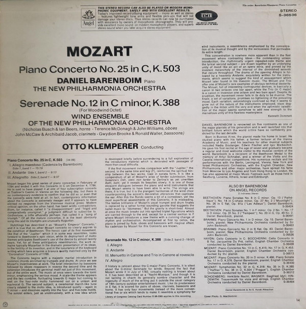 lataa albumi Mozart Daniel Barenboim, The New Philharmonia Orchestra, Otto Klemperer - Piano Concerto No 25 In C K503 Serenade No 12 In C Minor K388