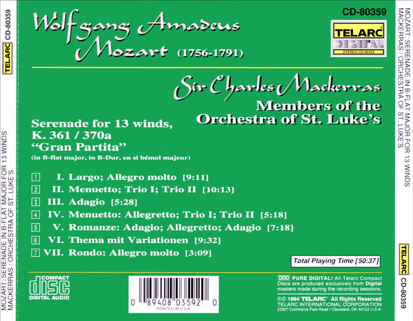 last ned album Wolfgang Amadeus Mozart, Sir Charles Mackerras, Orchestra Of St Luke's - Serenade in B flat Major for 13 Winds Gran Partita