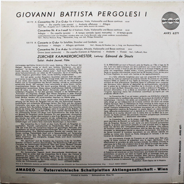 baixar álbum Giovanni Battista Pergolesi, Zürcher Kammerorchester, Edmond De Stoutz - Giovanni Battista Pergolesi Vol 1