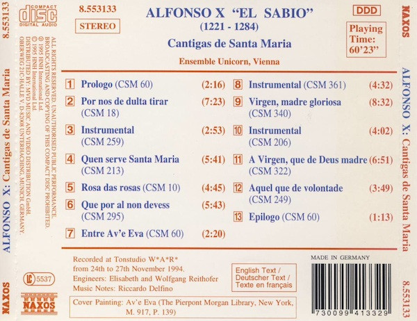 Alfonso X “El Sabio”, Ensemble Unicorn, Vienna – Cantigas De Santa Maria  (1995, CD) - Discogs