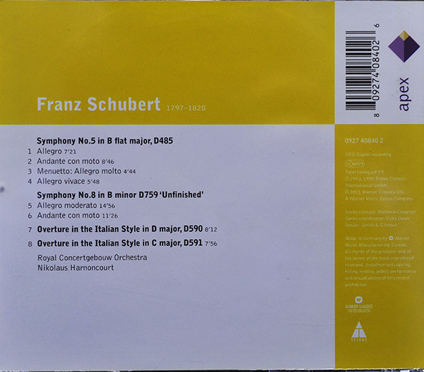 lataa albumi Schubert, Nikolaus Harnoncourt, Royal Concertgebouw Orchestra - Symphonies No 5 No 8 Unfinished Overtures In The Italian Style