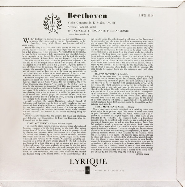 Album herunterladen Beethoven The Cincinatti Pro Arte Philharmonic, Homer Lott, Achilles Pechinet - Violin Concerto In D Major Opus 61