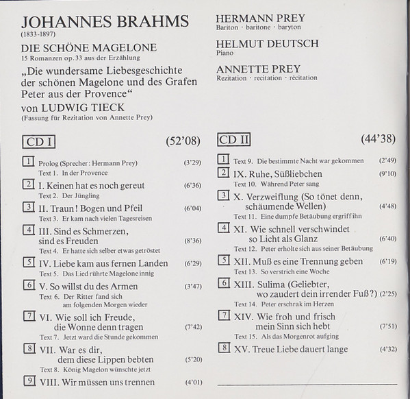 Album herunterladen Hermann Prey, Johannes Brahms, Annette Prey, Helmut Deutsch - Die Schöne Magelone