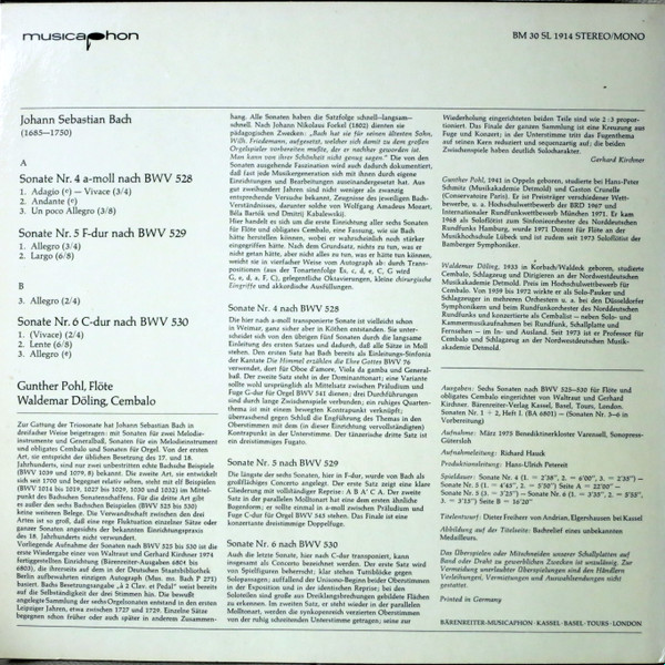 télécharger l'album Johann Sebastian Bach, Gunther Pohl, Waldemar Döling - Sechs Sonaten Für Flöte Und Obligates Cembalo Nach BWV 525 530 Folge I